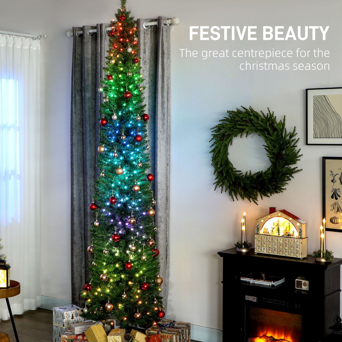 9ft Christmas Tree with Colourful DIY Synchronized LEDs, Hinged Pencil Xmas Tree with Remote, Daily Timer, Green