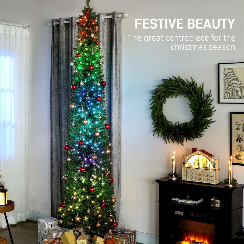9ft Christmas Tree with Colourful DIY Synchronized LEDs, Hinged Pencil Xmas Tree with Remote, Daily Timer, Green
