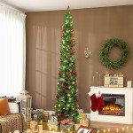 9ft Christmas Tree with Colourful DIY Synchronized LEDs, Hinged Pencil Xmas Tree with Remote, Daily Timer, Green