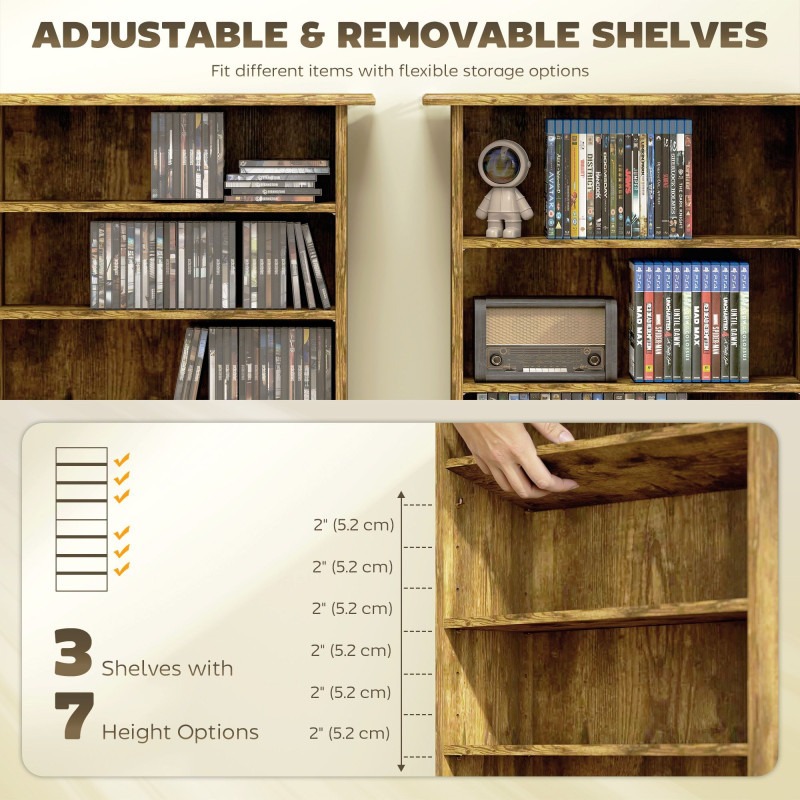 8-Tier DVD Shelf with 6 Adjustable Shelves, Slim CD Shelf, Holds 360 CDs, 185 DVDs or 185 Blu-rays, Rustic Brown
