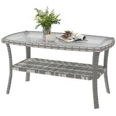 Outdoor Coffee Table with Storage Shelf, PE Wicker Patio Table with Glass Top for Garden, Backyard, Dark Grey