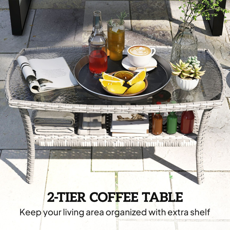 Outdoor Coffee Table with Storage Shelf, PE Wicker Patio Table with Glass Top for Garden, Backyard, Dark Grey