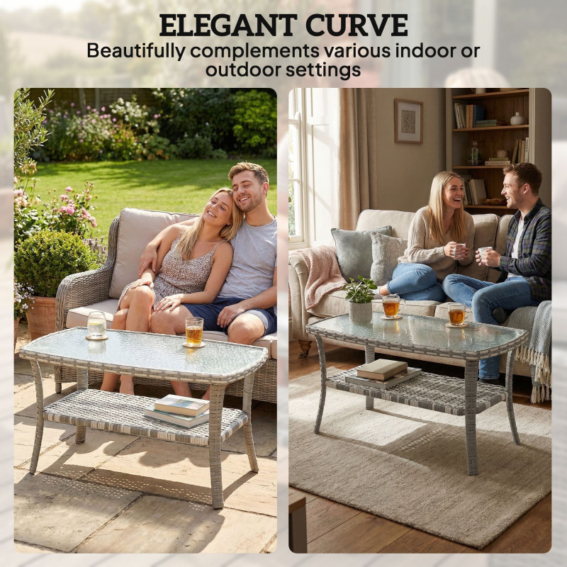 Outdoor Coffee Table with Storage Shelf, PE Wicker Patio Table with Glass Top for Garden, Backyard, Dark Grey