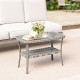 Outdoor Coffee Table with Storage Shelf, PE Wicker Patio Table with Glass Top for Garden, Backyard, Dark Grey