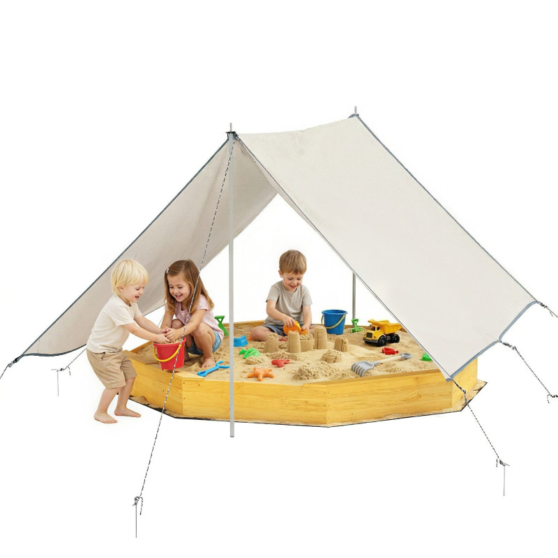 Qaba Wooden Kids Wooden Sandbox with Large Canopy, Outdoor Sand Box with 4 Bench Seats, Bottom Liner for Aged 3-8, Yellow