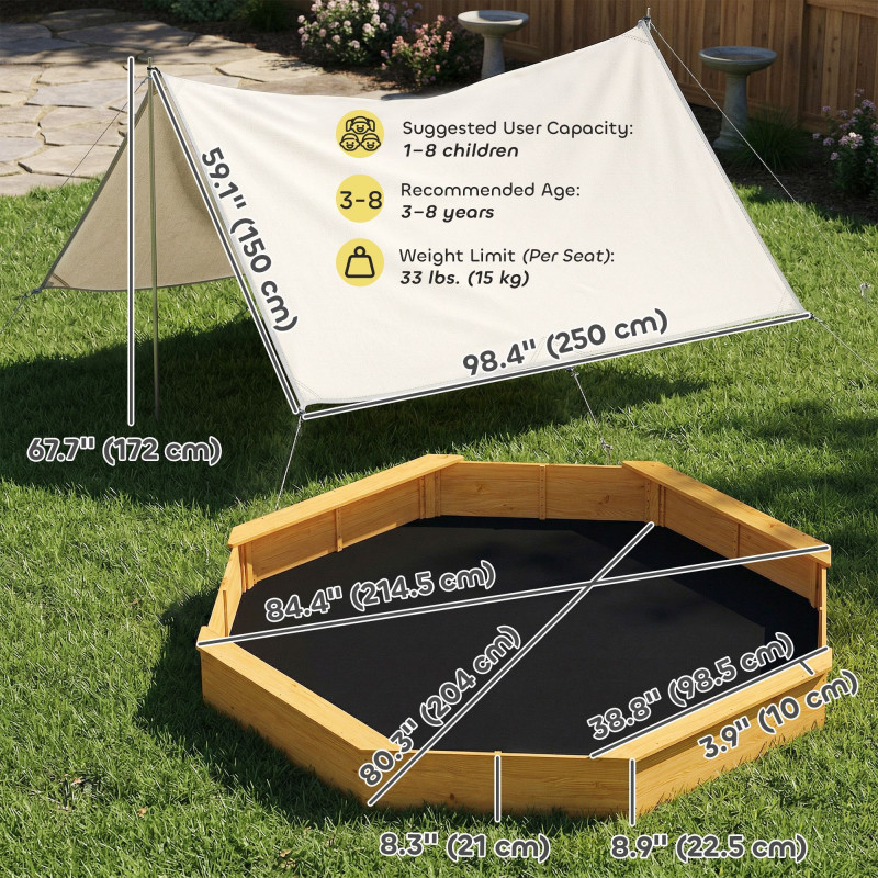 Qaba Wooden Kids Wooden Sandbox with Large Canopy, Outdoor Sand Box with 4 Bench Seats, Bottom Liner for Aged 3-8, Yellow