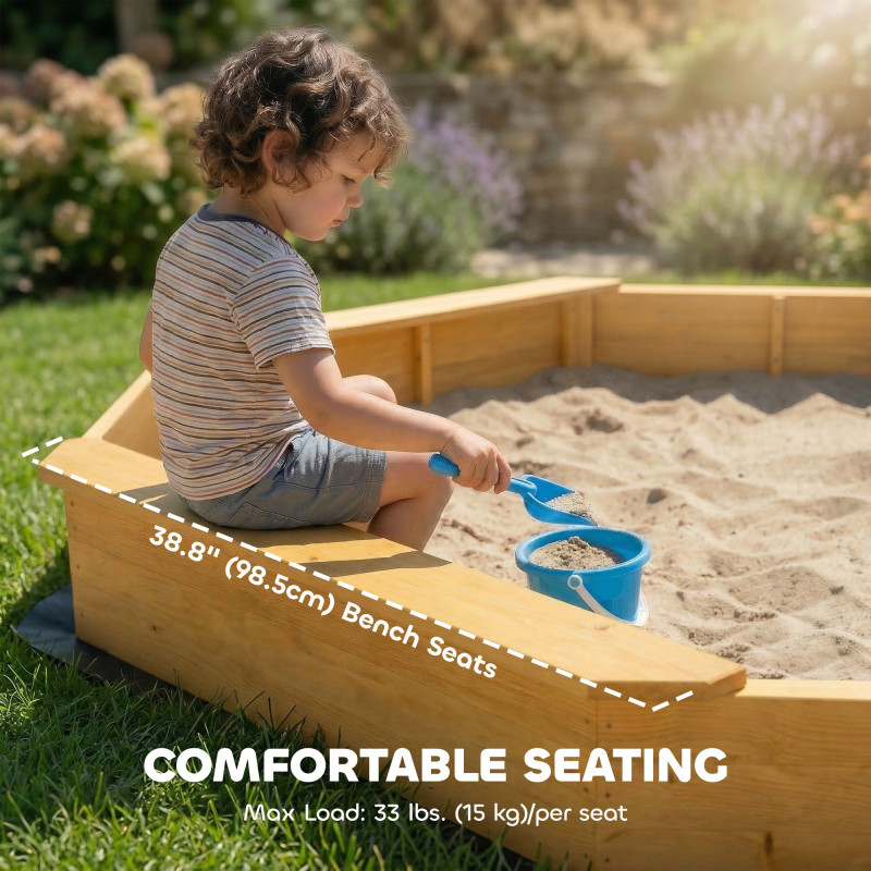 Qaba Wooden Kids Wooden Sandbox with Large Canopy, Outdoor Sand Box with 4 Bench Seats, Bottom Liner for Aged 3-8, Yellow