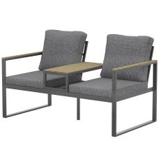 Outdoor Garden Bench with Integrated Table, 2 Seater Patio Loveseat with Thick Cushions, 136 cm Grey