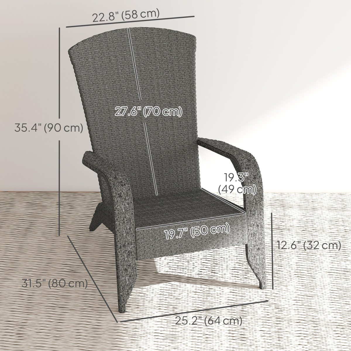 Wicker Adirondack Chair, PE Rattan Outdoor Fire Pit Chair Muskoka Chair with Cushions, Heather Grey