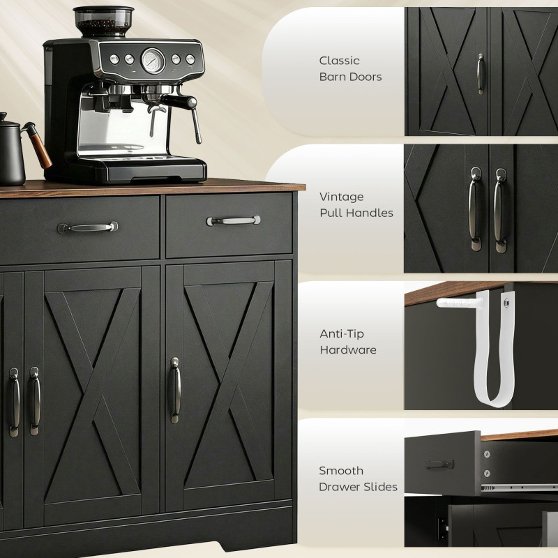 Sideboard Buffet Cabinet, 43" Farmhouse Kitchen Cabinet with 3 Barn Doors, 2 Drawers, 2 Adjustable Shelves, Black