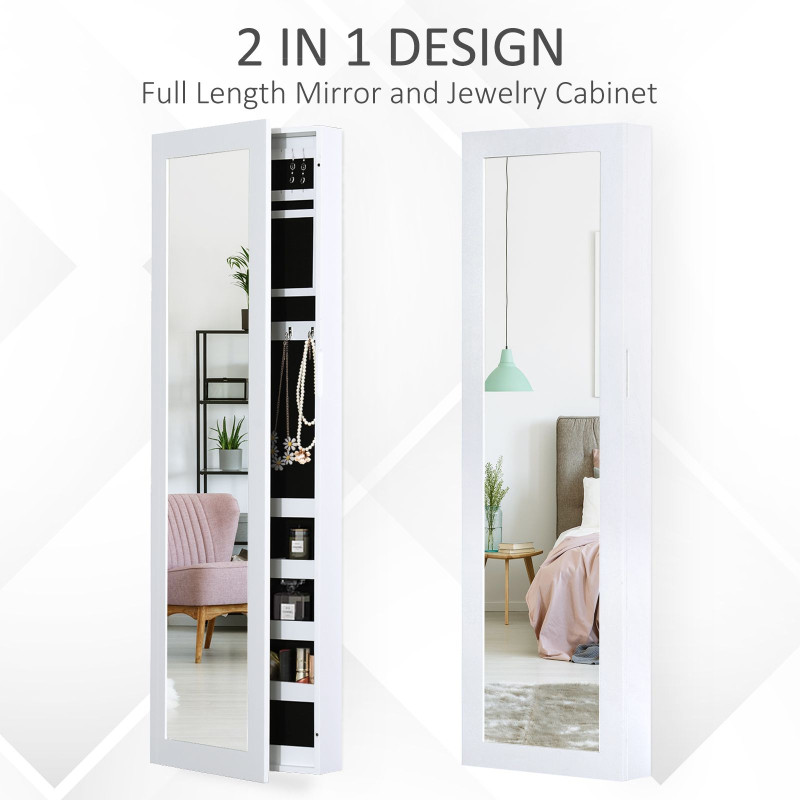 Mirror Jewellery Cabinet Armoire with Full Length Mirror, Wall Mounted Jewellery Organizer, White