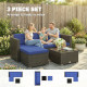 3 Pieces Patio Furniture Set with Cushions, Outdoor PE Rattan Wicker Conversation Corner Sofa Set with Glass Top Table