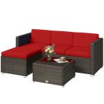 3 Pieces Patio Furniture Set with Cushions, Outdoor PE Rattan Wicker Conversation Corner Sofa Set with Glass Top Table