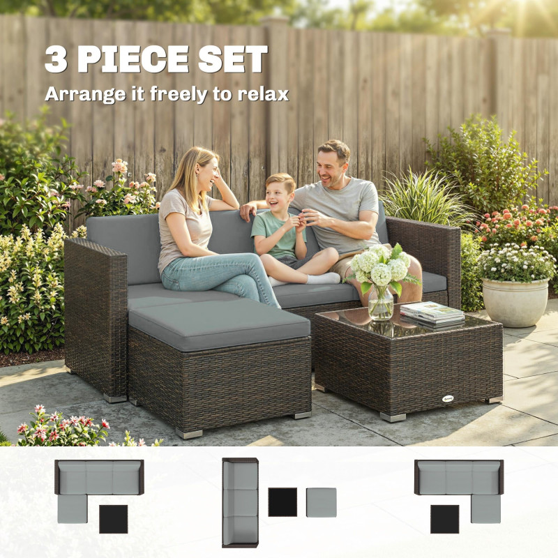 3 Pieces Patio Furniture Set with Cushions, Outdoor PE Rattan Wicker Conversation Corner Sofa Set with Glass Top Table