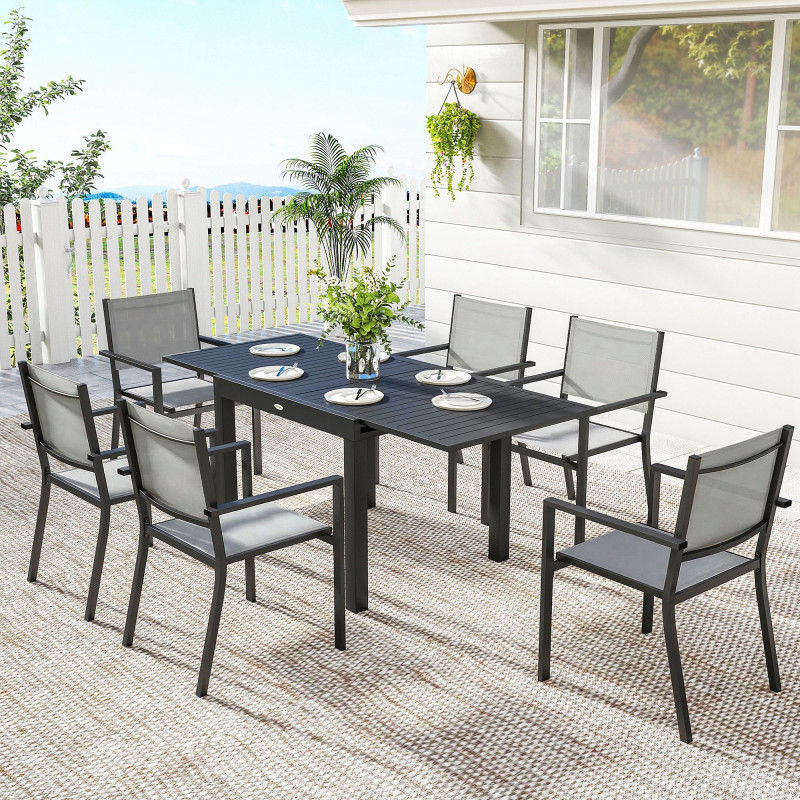 7 Pieces Outdoor Dining Set, Aluminum Patio Table and Chairs Set for 6 with Extendable Tabletop and Stackable Chairs
