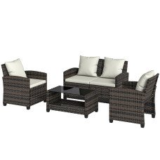 4 Piece Wicker Patio Furniture Set, Outdoor Furniture Conversation Set with Loveseat, Chairs, 2 Tier Table, Beige