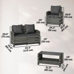 4 Piece Wicker Patio Furniture Set, Outdoor Furniture Conversation Set with Loveseat, Chairs, 2 Tier Table, Dark Grey
