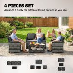 4 Piece Wicker Patio Furniture Set, Outdoor Furniture Conversation Set with Loveseat, Chairs, 2 Tier Table, Dark Grey