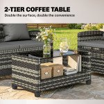 4 Piece Wicker Patio Furniture Set, Outdoor Furniture Conversation Set with Loveseat, Chairs, 2 Tier Table, Dark Grey