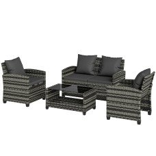 4 Piece Wicker Patio Furniture Set, Outdoor Furniture Conversation Set with Loveseat, Chairs, 2 Tier Table, Dark Grey