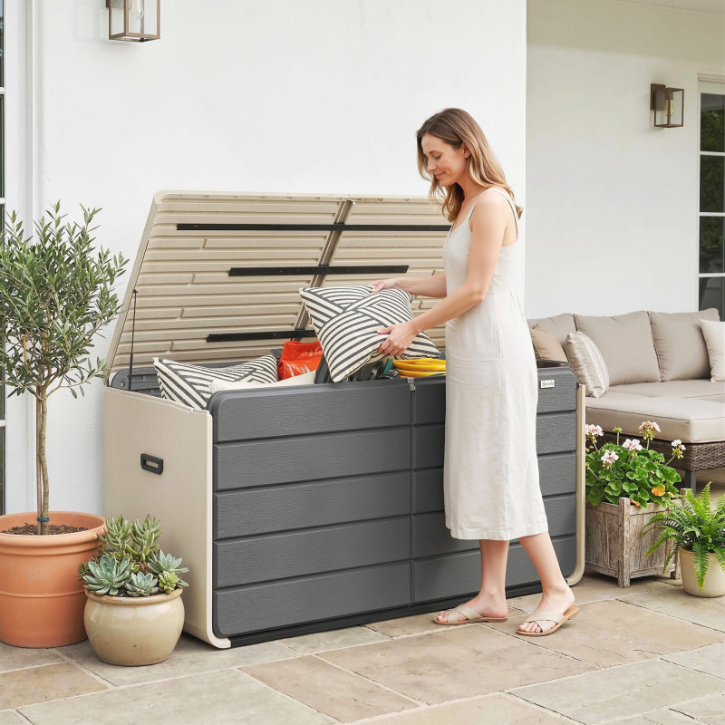 Outdoor Storage Box with Lockable Lid, HDPE Garden Deck Box with Wheels 757 L