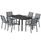Outdoor Dining Set for 6, Faux Wood Metal Patio Table and Mesh Stackable Chairs with Umbrella Hole, Black