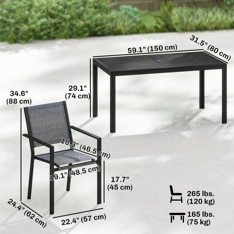 Outdoor Dining Set for 6, Faux Wood Metal Patio Table and Mesh Stackable Chairs with Umbrella Hole, Black
