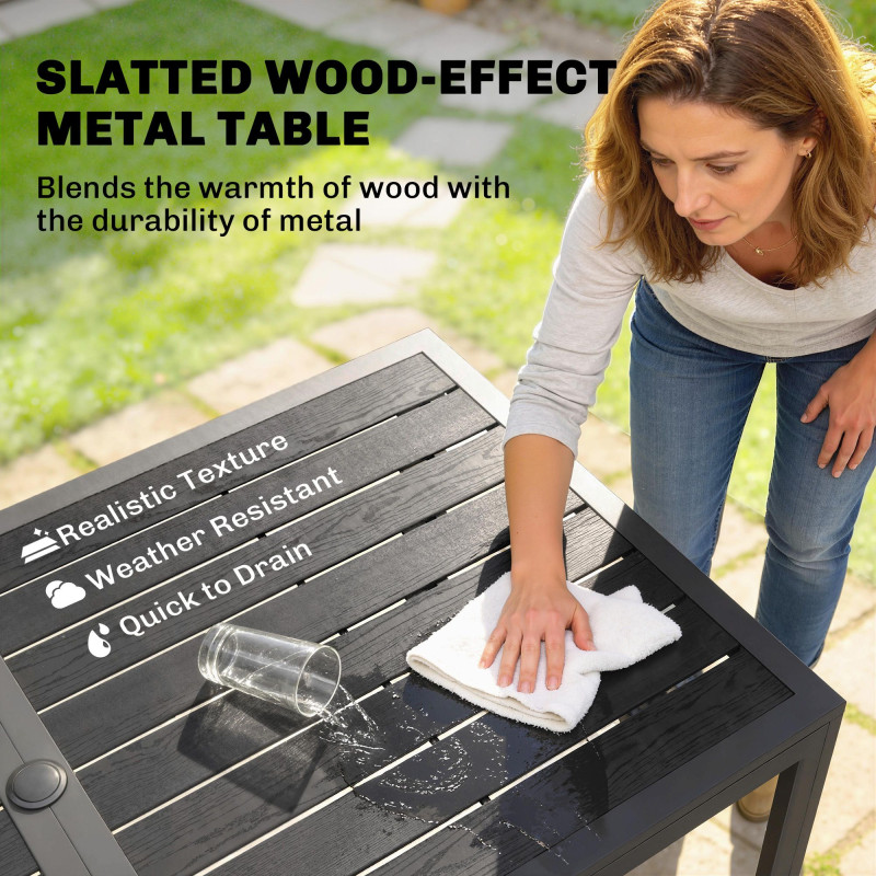 Outdoor Dining Set for 6, Faux Wood Metal Patio Table and Mesh Stackable Chairs with Umbrella Hole, Black