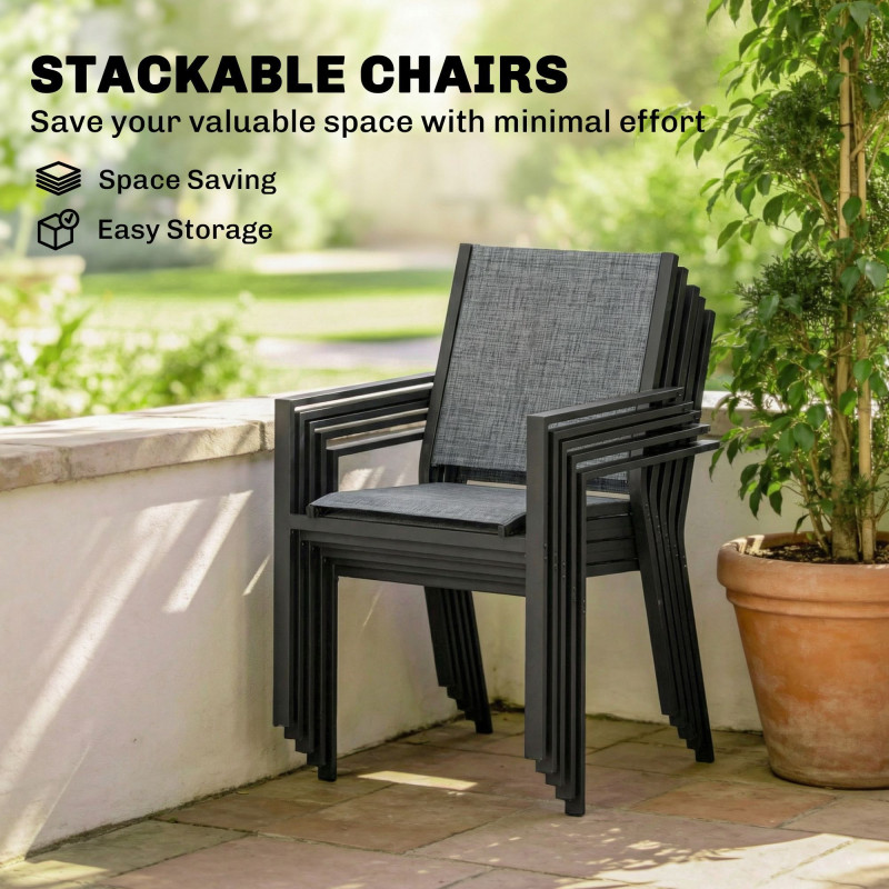 Outdoor Dining Set for 6, Faux Wood Metal Patio Table and Mesh Stackable Chairs with Umbrella Hole, Black