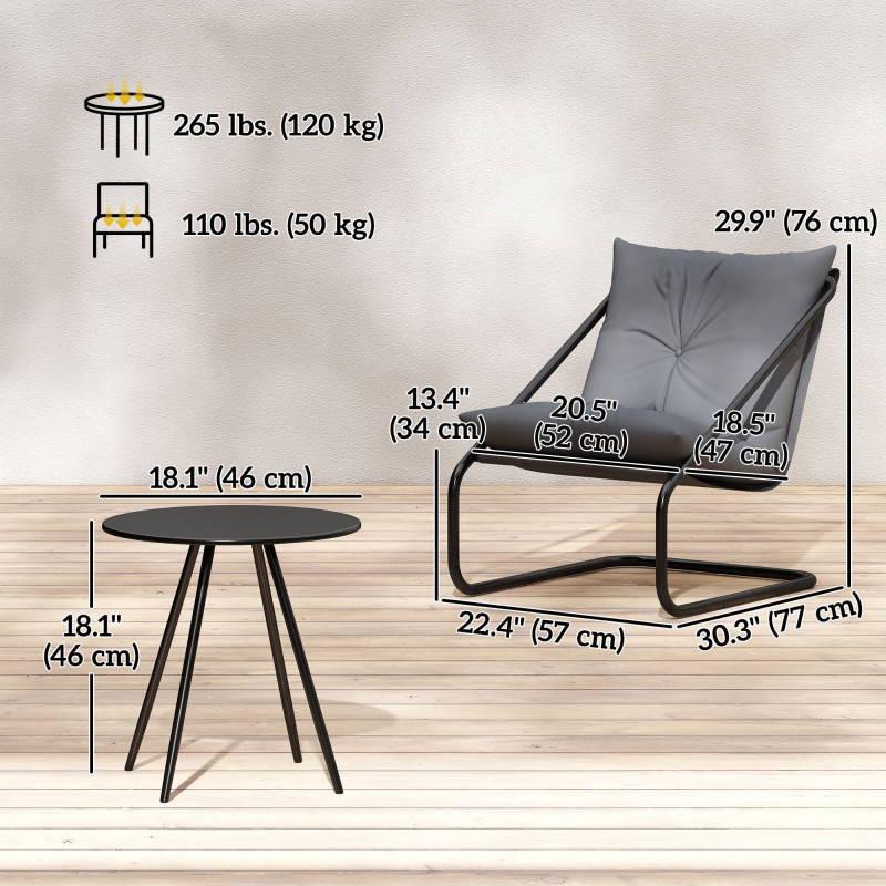 Outdoor Bistro Set, 3 Piece Patio Furniture Set with 2 C Spring Chairs and Round Table for Balcony, Light Grey