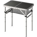 2ft Folding Camping Table, Picnic Table with Mesh Storage Layer, 4 Adjustable Heights and Carrying Handle, Black