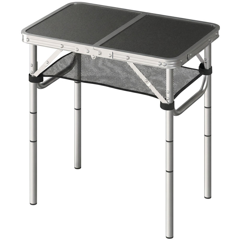 2ft Folding Camping Table, Picnic Table with Mesh Storage Layer, 4 Adjustable Heights and Carrying Handle, Black