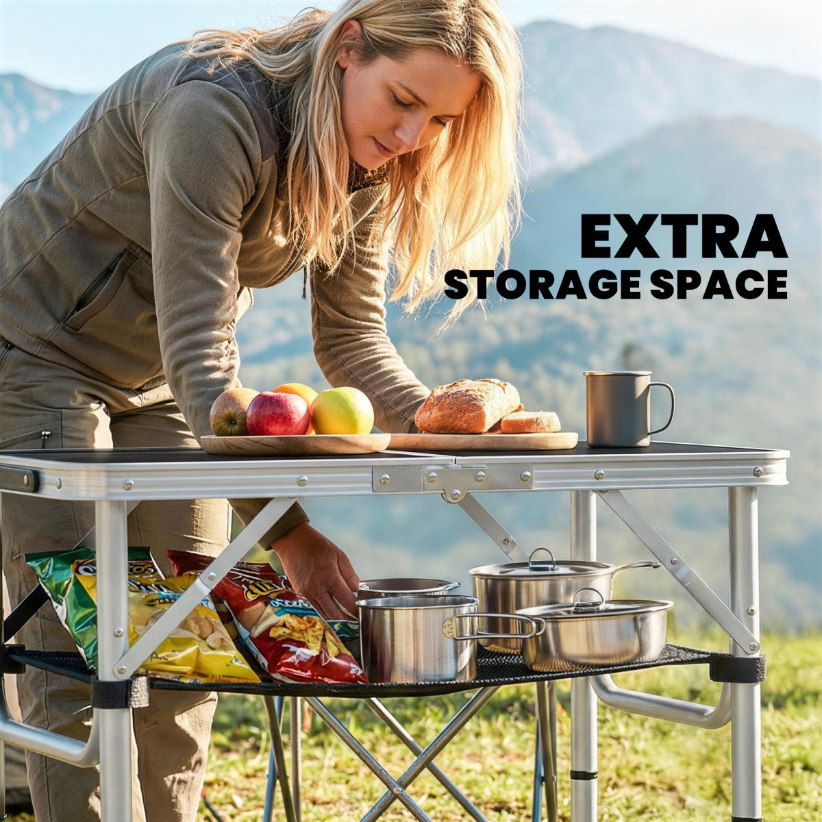 2ft Folding Camping Table, Picnic Table with Mesh Storage Layer, 4 Adjustable Heights and Carrying Handle, Black