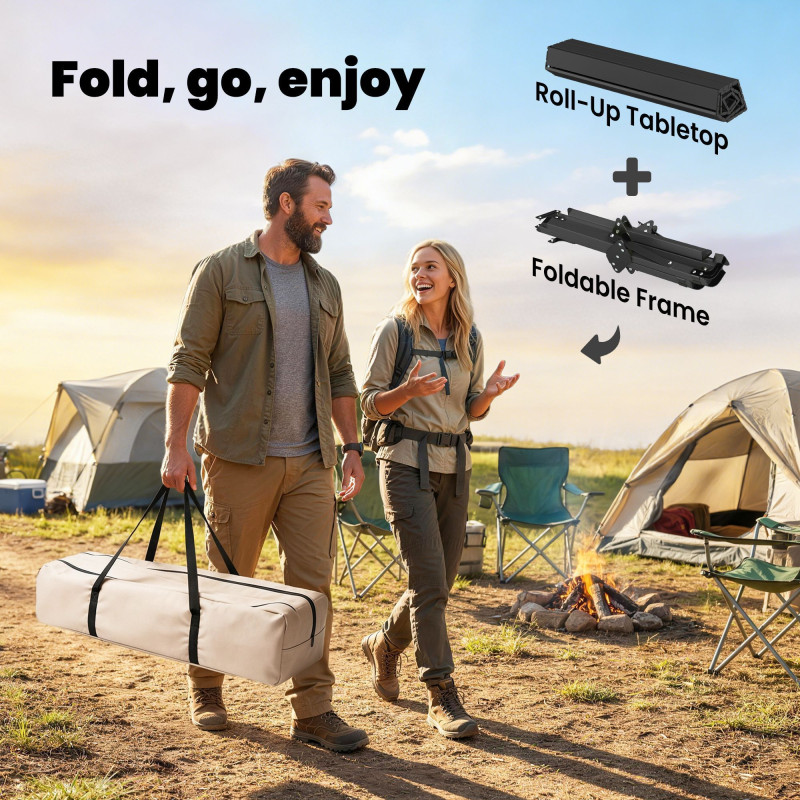 4ft Folding Camping Table, Waterproof Picnic Table with Roll Up Top and Metal Frame, Black
