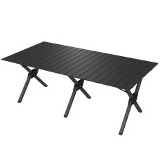 4ft Folding Camping Table, Waterproof Picnic Table with Roll Up Top and Metal Frame, Black