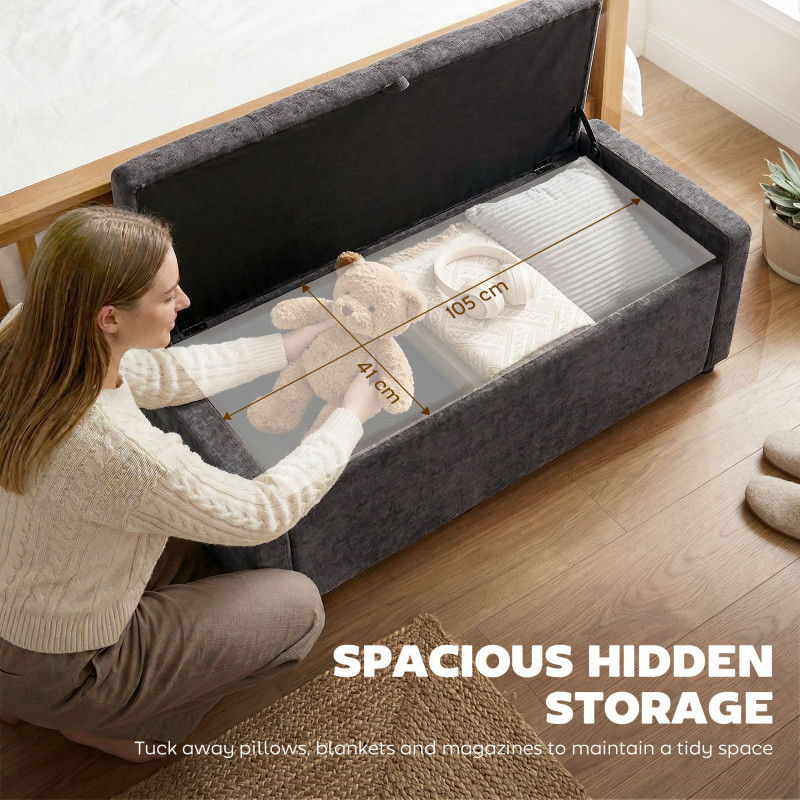 Storage Ottoman Bench, Linen-Look Fabric Upholstered Ottoman with Storage, Wide Padded Seat, Dark Grey