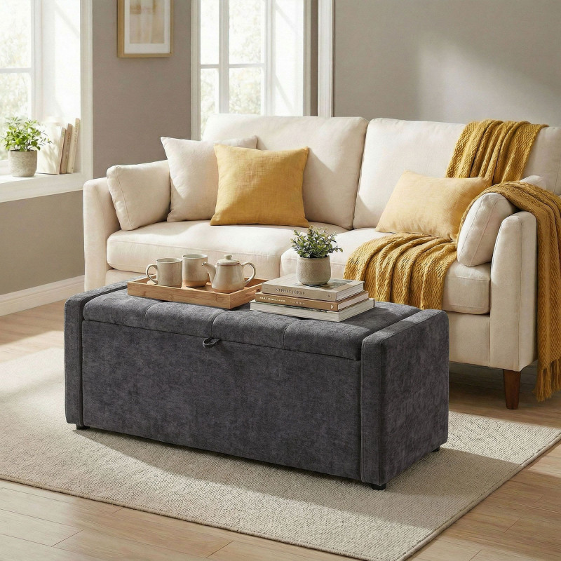 Storage Ottoman Bench, Linen-Look Fabric Upholstered Ottoman with Storage, Wide Padded Seat, Dark Grey