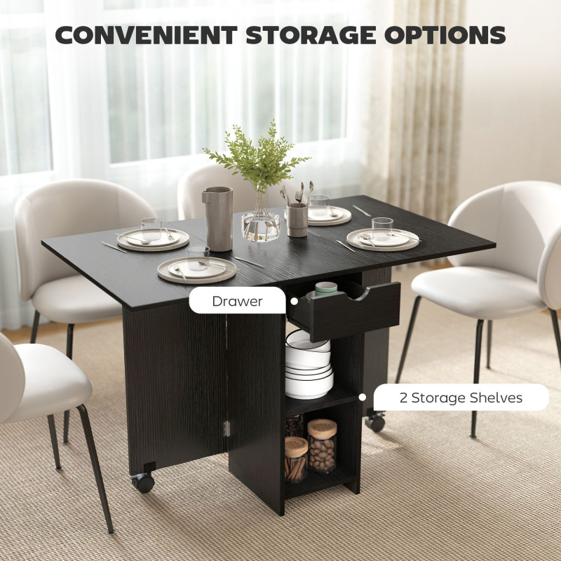 Folding Dining Table with Storage, Drop Leaf Kitchen Table with Drawer and Shelves for Small Spaces, Black