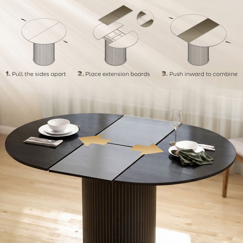 Extendable Kitchen Table for 6-8, 43.5"-59" Farmhouse Dining Table with Pedestal Base Black Wood Grain
