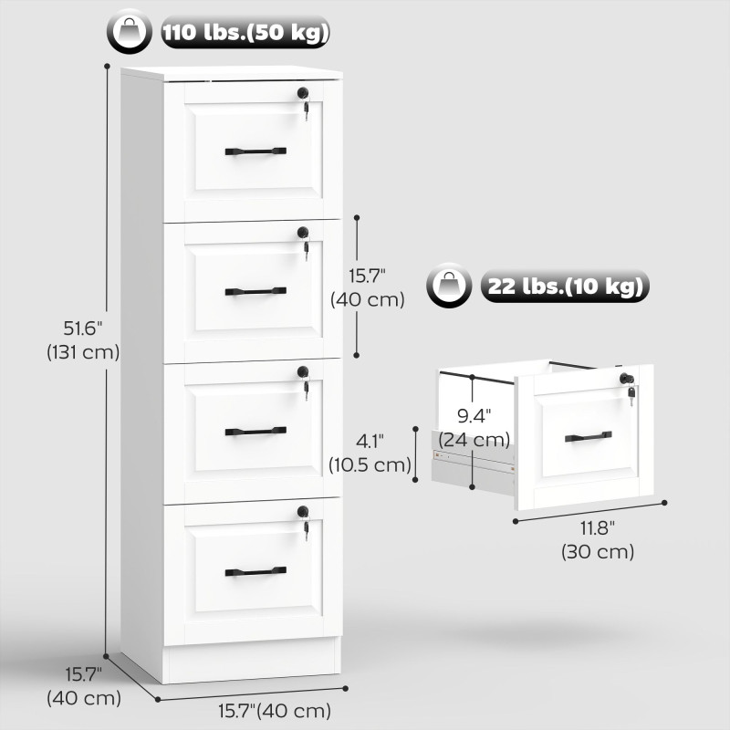 4 Drawer File Cabinet with Lock, Vertical Filing Cabinet with Adjustable Hanging Bars for A4 and Letter Size, White