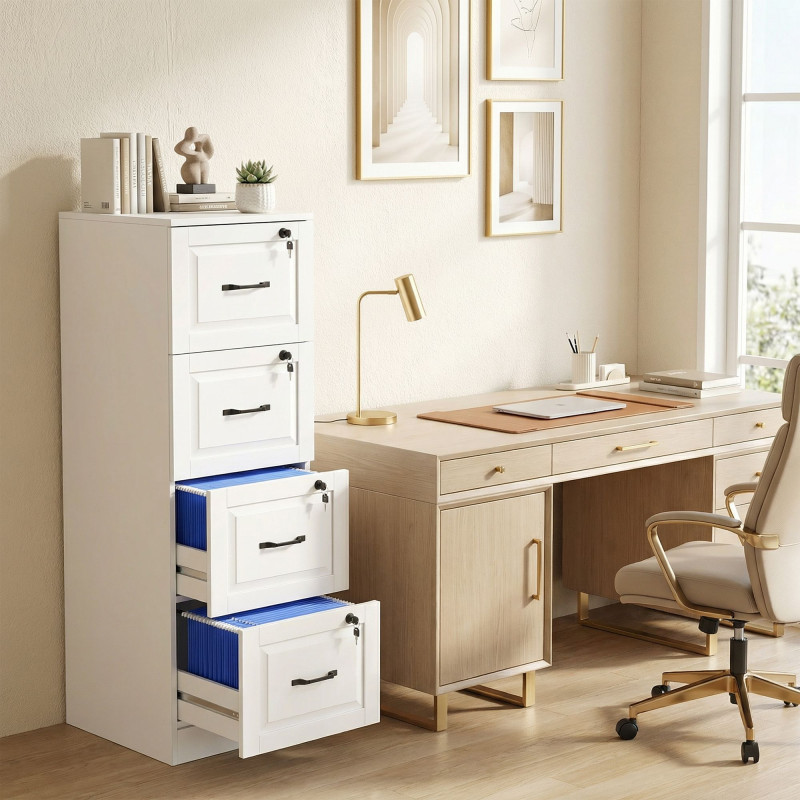 4 Drawer File Cabinet with Lock, Vertical Filing Cabinet with Adjustable Hanging Bars for A4 and Letter Size, White