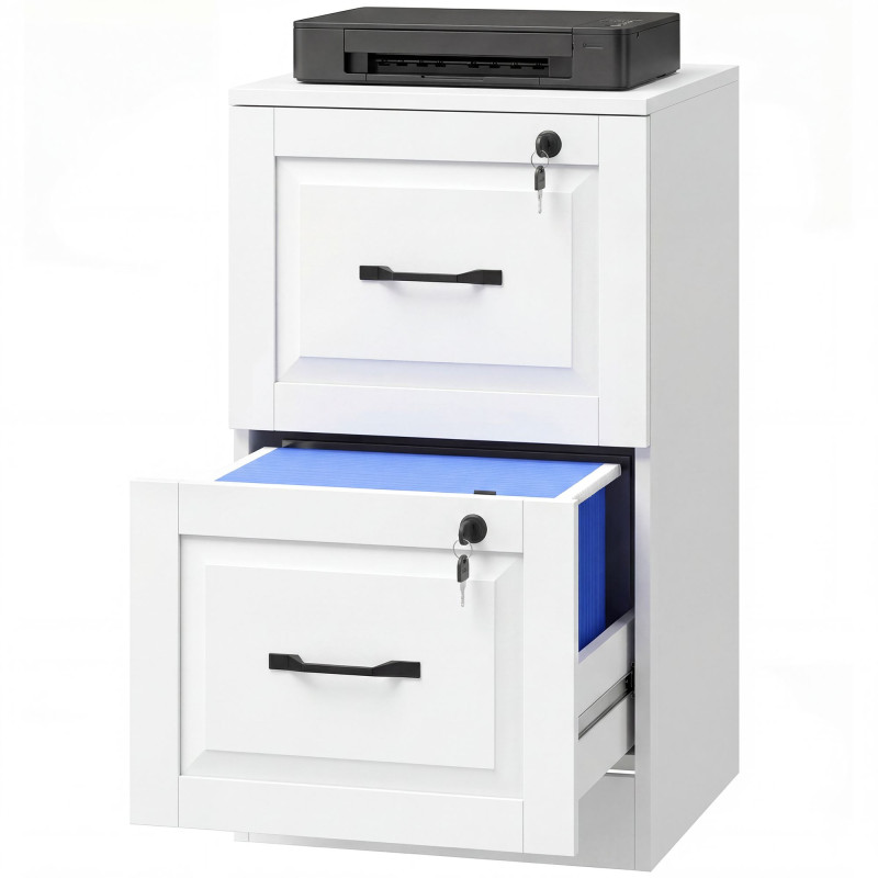 2 Drawer File Cabinet with Lock, Vertical Filing Cabinet with Adjustable Hanging Bars for A4 and Letter Size, White