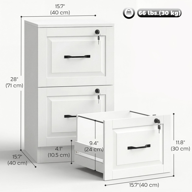 2 Drawer File Cabinet with Lock, Vertical Filing Cabinet with Adjustable Hanging Bars for A4 and Letter Size, White