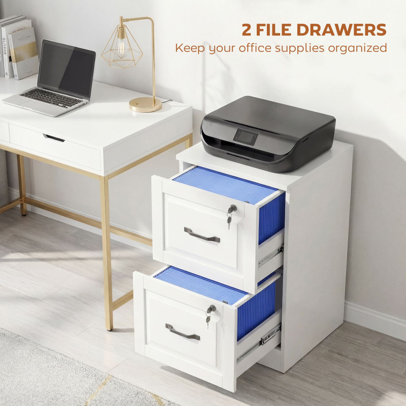 2 Drawer File Cabinet with Lock, Vertical Filing Cabinet with Adjustable Hanging Bars for A4 and Letter Size, White