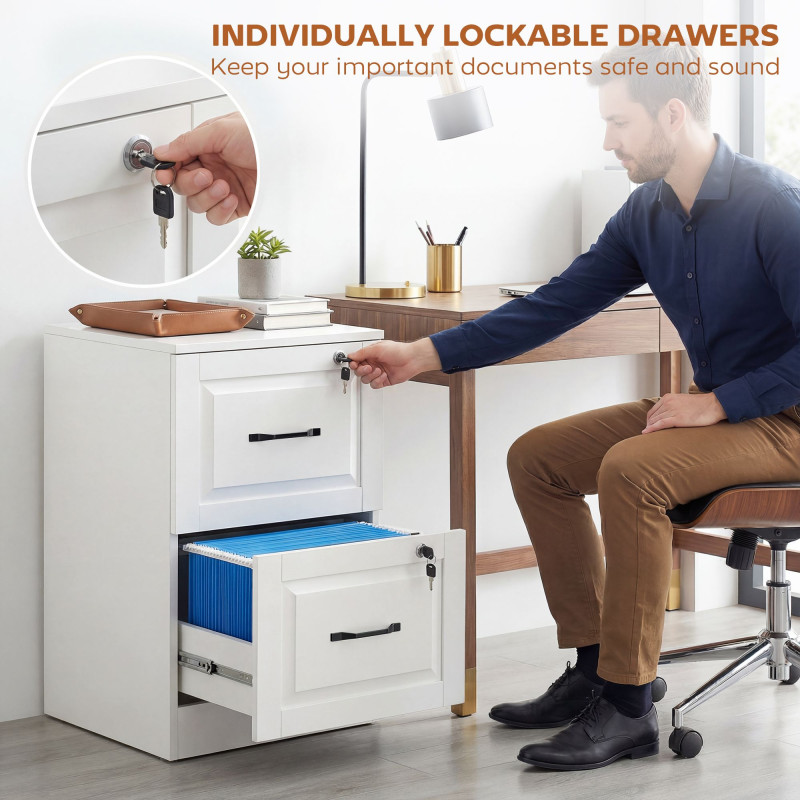 2 Drawer File Cabinet with Lock, Vertical Filing Cabinet with Adjustable Hanging Bars for A4 and Letter Size, White
