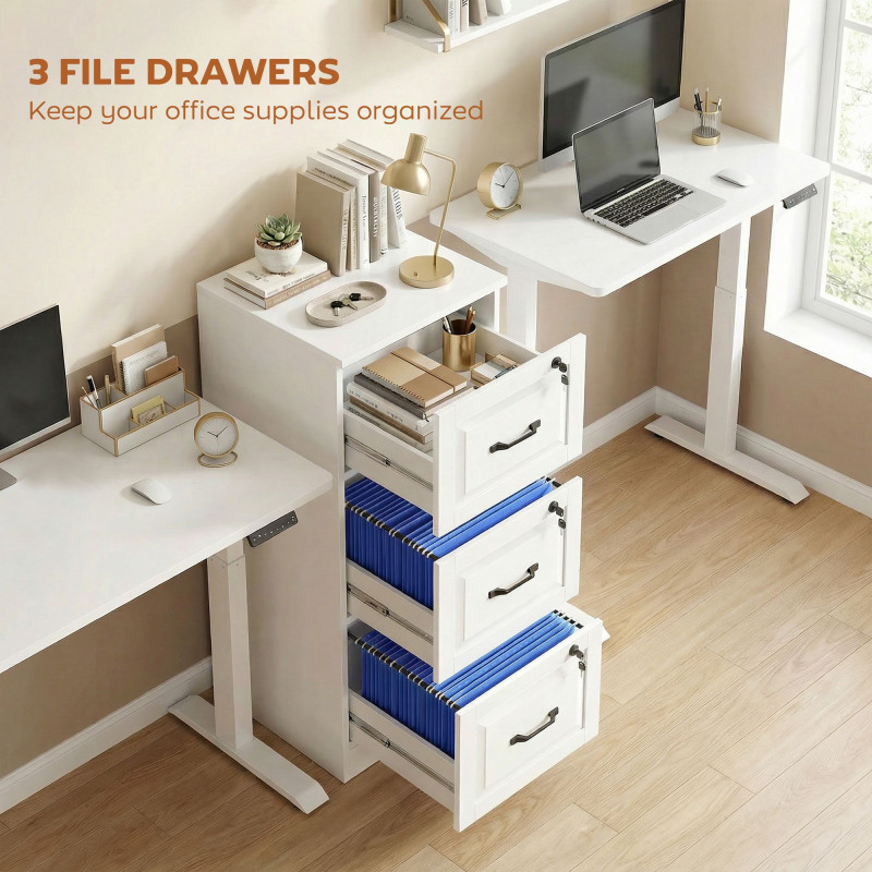 3 Drawer File Cabinet with Lock, Vertical Filing Cabinet with Adjustable Hanging Bars for A4 and Letter Size, White