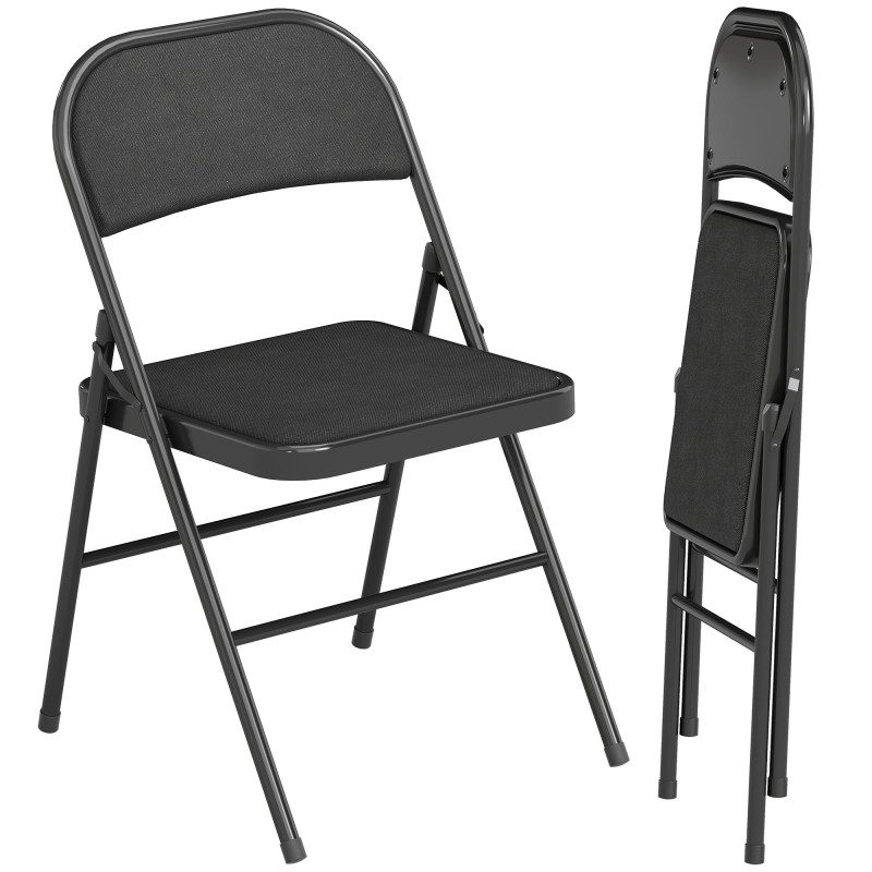 Set of 2 Metal Foldable Chairs, Linen Fabric Padded Folding Chairs with Cushion Seat and Open Back for Indoor, Black