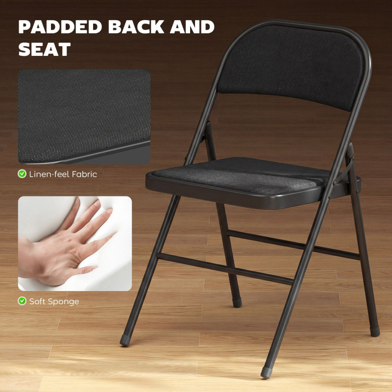 Set of 2 Metal Foldable Chairs, Linen Fabric Padded Folding Chairs with Cushion Seat and Open Back for Indoor, Black