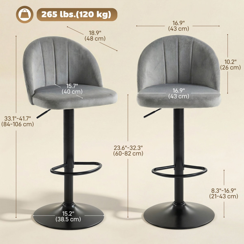 Bar Stools Set of 2, Swivel Counter Height Barstools with Footrest, Grey
