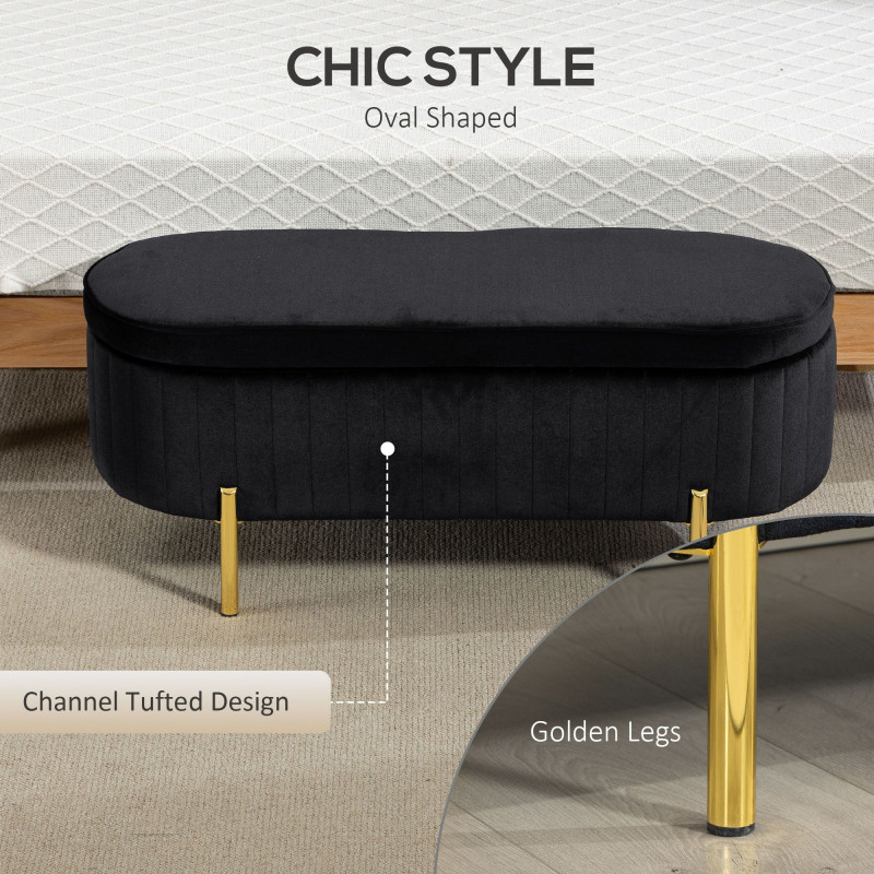 Upholstered Bedroom Bench, Channel Tufted Ottoman Bench with Thick Padding and Metal Legs, Black